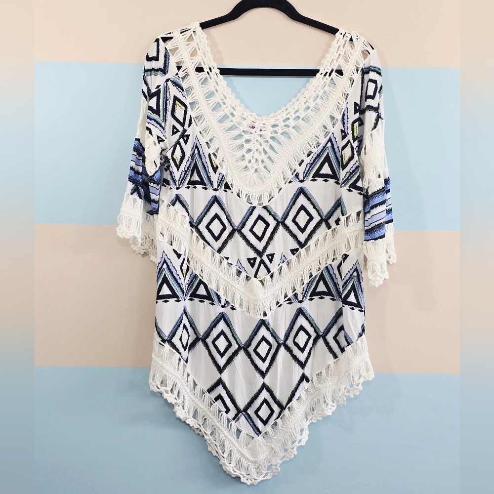 Boho Geometric Crochet Trim Cover-Up - White & Blue - Picture 6 of 8